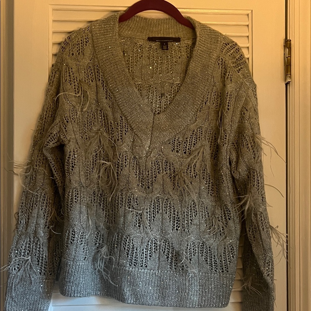 White House Black Market Olive Green Sequin Feather V-Neck Sweater